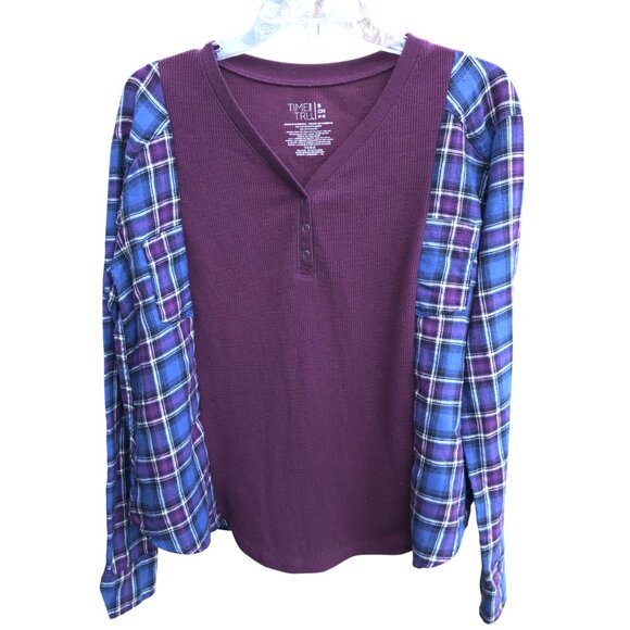Upcycled Plaid And Waffle Knit Pullover: Oversized Plum Long Sleeved Flannel Tee - Picture 1 of 11